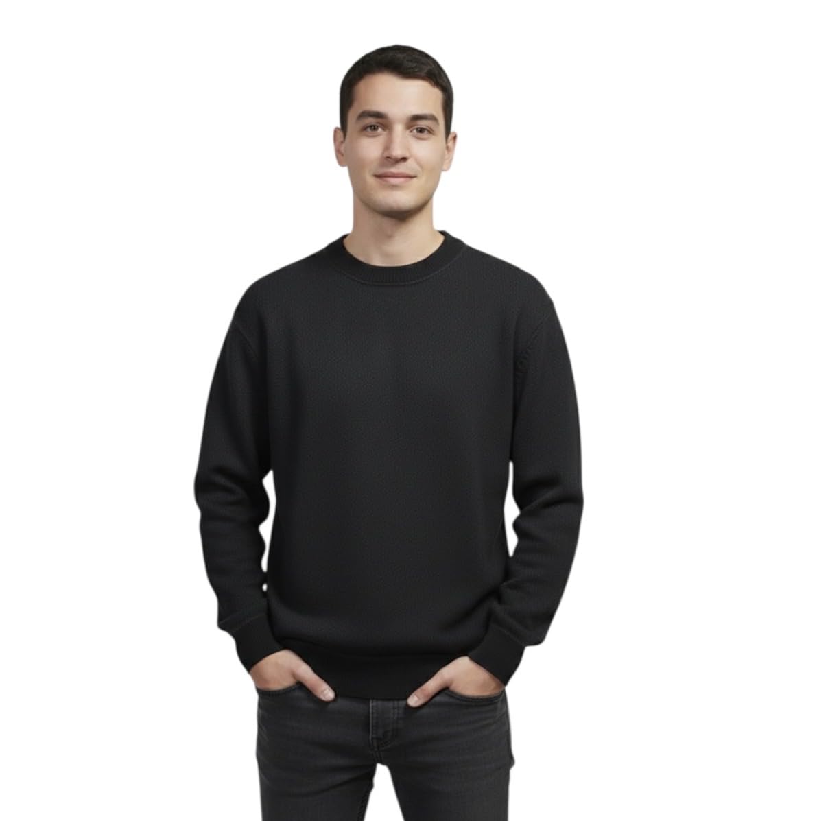 Men Wool Blend Black Crew Neck Winter Sweater Plus Single Piece Pullover Unisex-picture-27