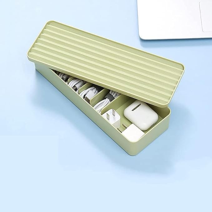 clines Cable Tidy Box with Lid, 7 Grids Cable Organizer Box, Large Storage Box for Cables, Charger Plug, Power Strips, Solid Color Cable Management Box (Green)