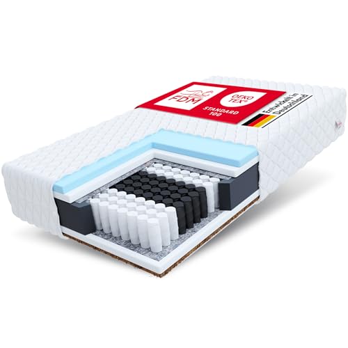 FDM Calmera Max Taschenfederkernmatratze 90x200 cm Matratze 7-Zonen Hochelastischer HR Komfortschaum Kokos Härtegrad H3/H4 (Mittelweich/Hart) 26 cm Höhe Zweiseitig Abnehmbarer Bezug Waschbar