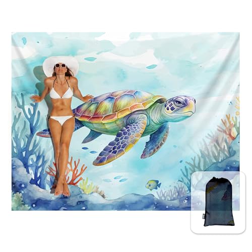 Image of Sunlit Silky Soft 81 inchx106 inch Sand Proof Beach Blanket Sand Proof Mat with Corner Pockets and Fashion Mesh Bag for Beach Party, Travel, Camping and Outdoor Music Festival, Vibrant Turtle and Coral