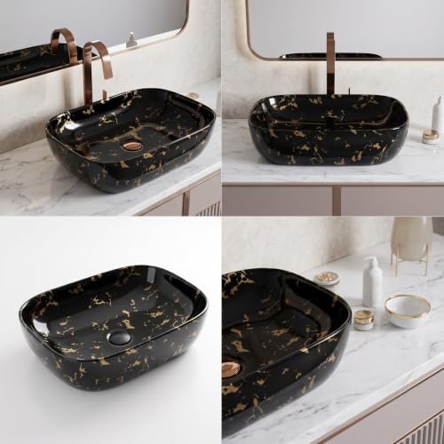 Image of Wash Basin Countertop | Tabletop Ceramic Bathroom Sink | Over Counter | Wash Basin For Bathroom (Black-Gold Matte Wash Basin,18 x 13 x 5.5 Inch)