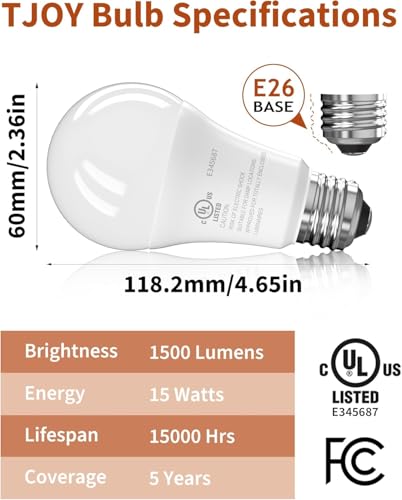 Image of TJOY LED Light Bulbs, 100 Watt Equivalent A19, Soft Warm White 3000K | 12 Pack 15W 1500 Lumens, E26 Standard Base, Energy Saving Lightbulbs, Non Dimmable Lamp for Home Bedroom Kitchen