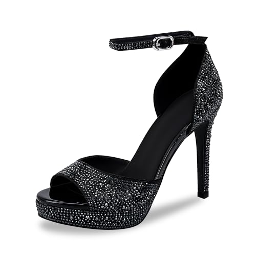 Women’s Sparkly Rhinestone Platform High Heel Sandals - Open Toe Stiletto Heel Dress Shoes for Party Wedding Club Night