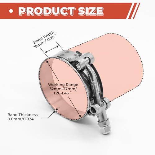 2 Pack 1 inch T-Bolt Hose Clamps, Stainless Steel_304 Working Range 32mm-37mm for 1\" Hose ID, Turbo Intake Intercooler Clamp for Automotive - Thumbnail 2