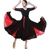 [LNIGHT] 社交ダンスドレス レース袖 2色切り替え フラメンコ ドレス スタンダード ドレス ワルツドレス 社交ダンス 練習着 フラメンコ衣装 社交ダンス衣装 レッスン着 タンゴドレス ステージ演出服 モダンダンス衣装(レッド,M)