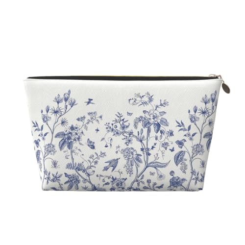 TATAUU Portable Cosmetic Bag, Travel Zipper Pouch Small Makeup Bag Toiletry Organizer for Women - Blue Chinoiserie Flower Birds