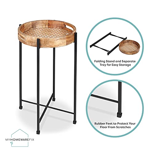 Round Wood & Metal Side Table, Removable Tray, Hand-Made In India. Foldable Stand, Beautiful Accent End Table For Small Spaces - Living Or Dining Room, Bathroom, Patio - Or As Bedroom Nightstand #TOP7