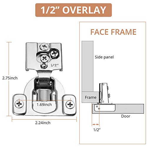 1/2 inch Overlay Soft Close Hinges, Kamtop 12PC 1/2 inch Overlay Soft Close Hinges Cabinet Hardware 105 Degree Stainless Steel Concealed Hinge self-Closing