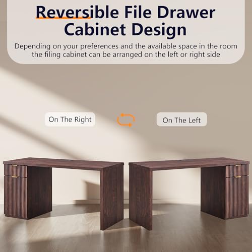 Image of 60 inch Modern Home Office Desk, Reversible Left‑Right Cabinet, Built‑in Outlet | Reversible design lets you fix the cabinet on left‑hand or right‑hand side to fit your room layout