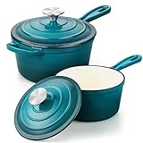 1 Qt & 2 Qt Sauce Pan Sets, Leonyo Enameled Cast Iron Sauce Pan with Lid, Small Saucepan Cast Iron Dutch Oven Kitchen Cookware for All Cooktops Cooking Pasta, Milk, Oatmeal - Up to 500°F, Lake Green