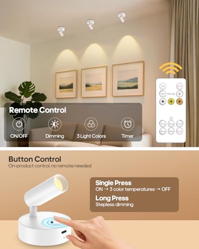 Image of GOODEA Spotlights Indoor with Remote, 3000mAh Rechargeable Battery Plant Spotlight Indoor, Wireless Uplights with 3 Colors & Dimmable, Picture Light for Painting, Accent Lighting(2 Pack, White)