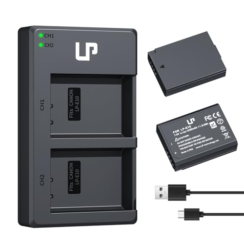 Cargador de batería LP-E10, Paquete de 2 baterías de 1600mAh y Cargador Doble Ranura, Compatible con Canon EOS Rebel T7 T6 T5 T3 T100 4000D 3000D 2000D 1500D 1300D (no Compatible T3i T5i T6i T6s T7i)