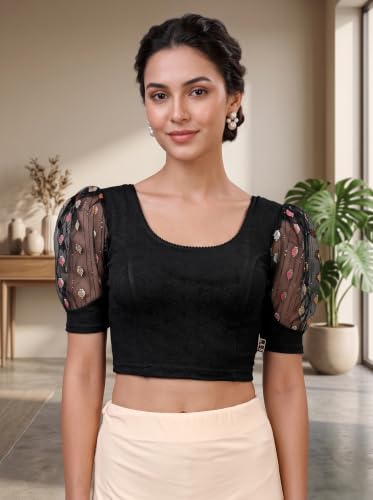 Image of SFT Women's Cotton Lycra Blend Readymade Saree Blouse with Round Neck Half Sleeves Solid Pattern Knit Weave Regular Fit and Pull On Closure