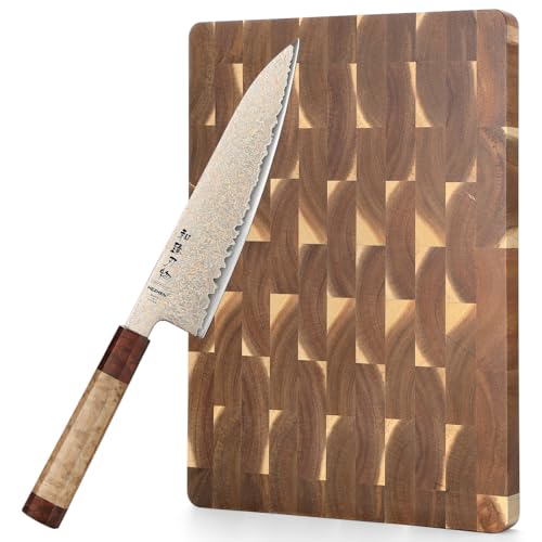 HEZHEN Cuchillo de Chef Damasco, Cuchillo de Cocina de Cobre con Tabla de Cortar de Madera de Acacia