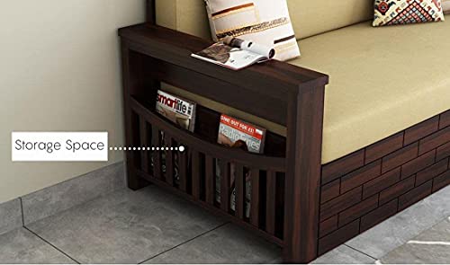 Image of Krishna Wood Decor Solid Sheesham Wood Convertible 3 Seater Sofa Cum Bed with Headboard and Storge Armrest, Folding Double Bed with Mattress for Home Living Guest and Office Areas, Brown