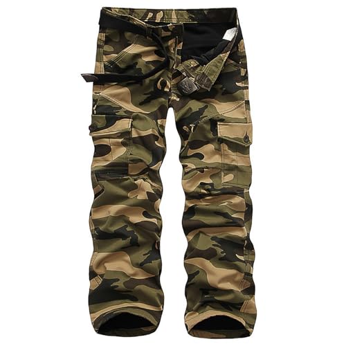 KINROCO Mens Warm Fleece Lined Cargo Trousers Army Camo Combat Work Trousers Softshell Pants with Mulit Pockets(Size:33W,Color:Green Camo)