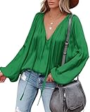 LAMISSCHE Womens Sexy Deep V Neck Blouse Lantern Long Sleeve Chiffon Shirt Oversized Drawstring Silk Satin Tunic(Green,2XL)