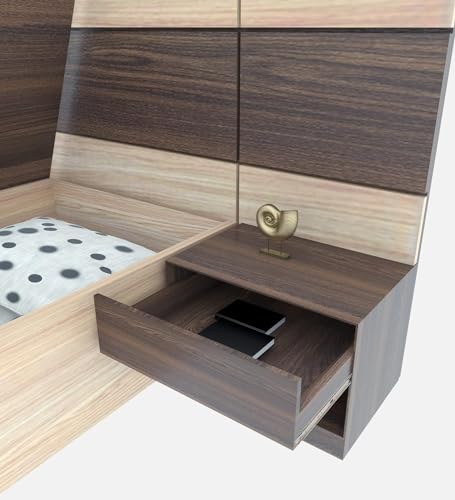 Image of Queen Size Engineered Wood Platform with Striped Designer Headboard Bed and Side Tables with Storage (Walnut Brown /Choco Brown)