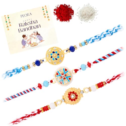 Image of Peora Rakhshabandhan Thread Rakhi for Brother Bhaiya | Crystals & Kundan Studded | Combo, Set of 3 | Rakhi Hamper with Roli Chawal & Greeting Card