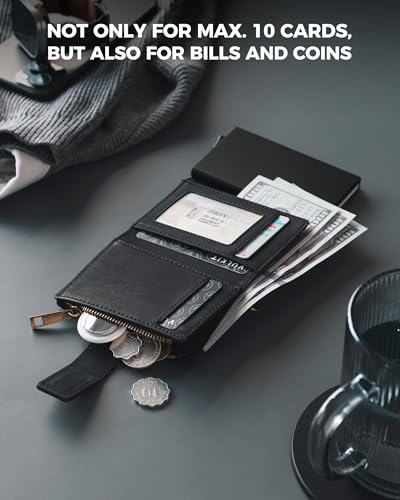 VULKIT Mens Wallet RFID Protected with Chain, POP UP Credit Card Ejector Case, ID Window, Zipper Pocket for Coins and Compartment for Bills/Banknotes, Matt Black4