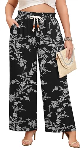 Lastshe Women's Plus Size Wide Leg Pants with Pockets High Waisted Summer Pull On Floral Printed Pants Boho Flowy Palazzo Beach Vacation Trousers for Curvy Outfits 2026,Black D Flower,3X