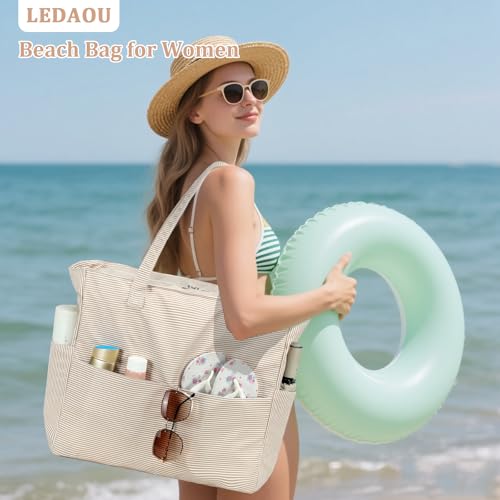 Image of LEDAOU Beach Bag Waterproof Sandproof Women Beach Tote Pool Bag with Zipper for Swim Gym Grocery Travel with Wet Pocket | Sandproof