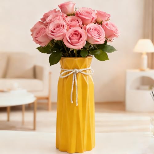 Disoza Vases Céramique Moderne Vase Vintage Jaune - 24x10x10cm, Pour Herbe de Pampa, Fleurs...