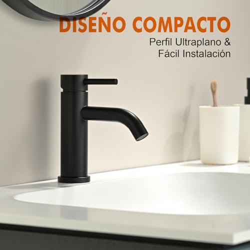 Miniatura 3 de Ibergrif Grifo Lavabo Negro, Mezclador Monomando Clásico Para Baño, Acero Inoxidable, Agua Fría Y Caliente, M11003b