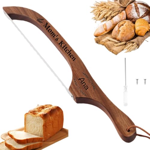 Personalized Bread Knife, Acacia Wood Bread Knife with Custom Engraving - Left/Right Handed Bread Serrated Slicer, Unique Gift for Homemade Bread Bakers Includes Screwdriver and Spare Screws