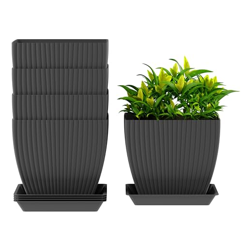 Image of ELUVIA 7-inch Square Planters with Saucers (Set of 5) - Modern Fluted Flower Pots with Drainage Holes and Trays - Premium Plastic Indoor Outdoor Plant Pots for Succulents, Flowers (Grey)