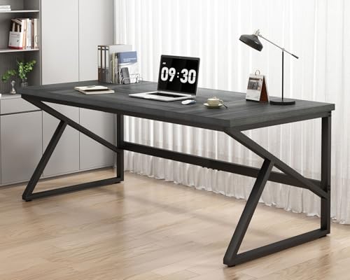 Image of HSH Extra Long Computer Desk, Industrial Metal Wood Home Office Desk, Large PC Laptop Table for 2 Person Executive Writing Work Study Gaming, Bedroom Living Room Dual Monitor Desk, Dark Gray, 70 Inch