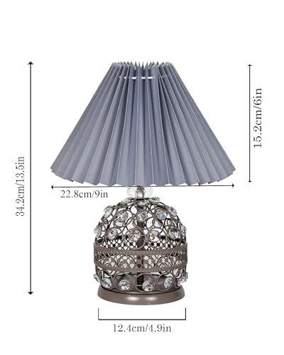 Image of Homesake Modern Small Crystal Table Lamp, Contemporary Bedroom Bedside Nightstand Lamp Light, Desk Globe Lamp for Living Room Girls Kids Room, Fabric Shade (Grey Pleated)