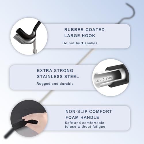 Image of Snake Hook, 35 inch-65 inch Reptile Snake Hook Heavy Duty Long for Ball Python Rattlesnakes Rattle Copperhead Removal with Sponge Grip and Stainless Steel Rubber Tip Hook (55inch)