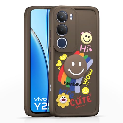 Image of Pikkme Back Cover for Vivo Y29 5G / Vivo Y19s | Soft Silicone| Cute Rainbow Smile & 3D Cartoon Flower Design | Shockproof Raised Camera Protection Bumper Case (Brown)