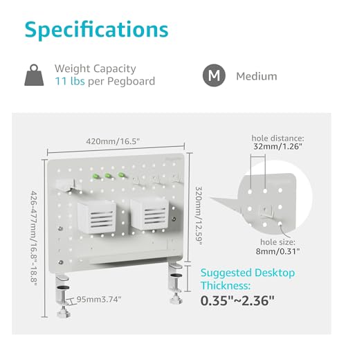 Image of PEGZONE Clamp on Desk Pegboard, 16.5 inch x 12.6 inch, with 10 Accessories, White | Magnetic Metal Peg Board, Desk Organizer for Office Gaming Home, Privacy Panel, Medium