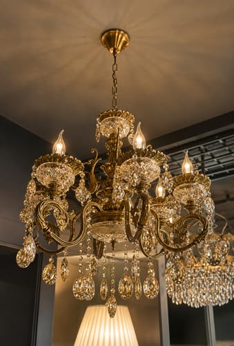 Image of Modern Contemporary Glass Chandelier Ceiling Lighting Lamp Hanging Chandelier, 6-Light Antique Gold Finish Light with Bulbs