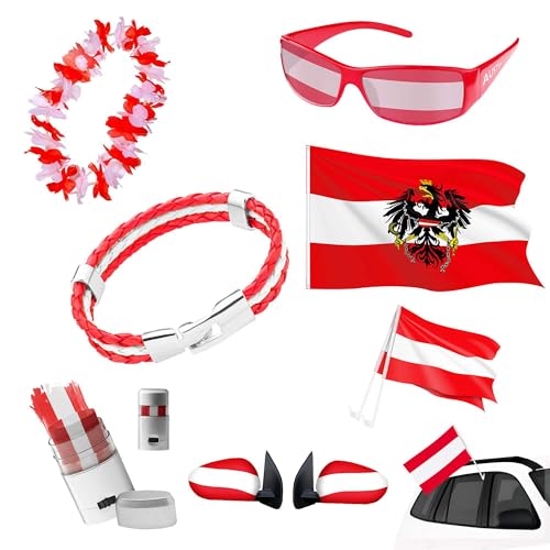 Taffstyle Österreich Fan Set 7 Teilig Fußball EM WM Fanartikel mit Fahne Autofahnen Spiegelüberzügen Fanbrille Schminkstift Hawaii Kette Armband