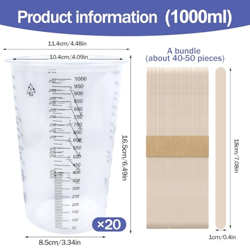 Mischbecher Lack 20STK 1000ml Lackmischbecher Einweg Farbmischbecher mit Skala Mischbecher Epoxidharz Farbbecher mit Mischskala für Kunstprojekte Harz Farbe und Pigmente zum Mischen und Abmessen
