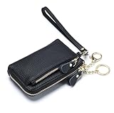 Women Genuine Real Leather Coin Purse with Hand Strap. 3 Zipper Small Wallet Wristlet with 3 credit cards slots Holder - Black