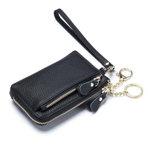 Women Genuine Real Leather Coin Purse with Hand Strap. 3 Zipper Small Wallet Wristlet with 3 credit cards slots Holder - Black