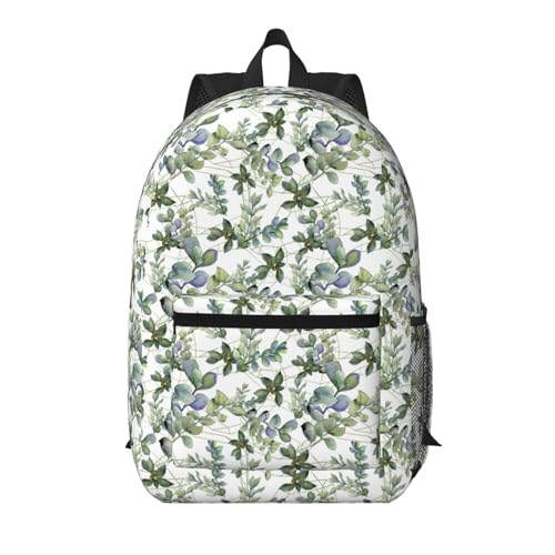Sac à dos de voyage portable noir 43cm imprimé feuilles d'eucalyptus