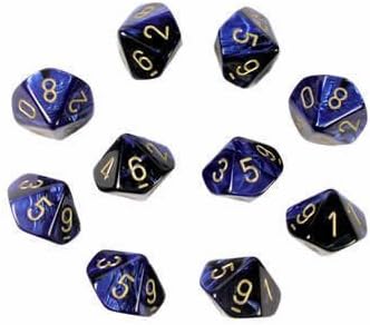 Chessex Dice Sets: Gemini Black & Blue with Gold - Ten Sided Die d10 Set (10)