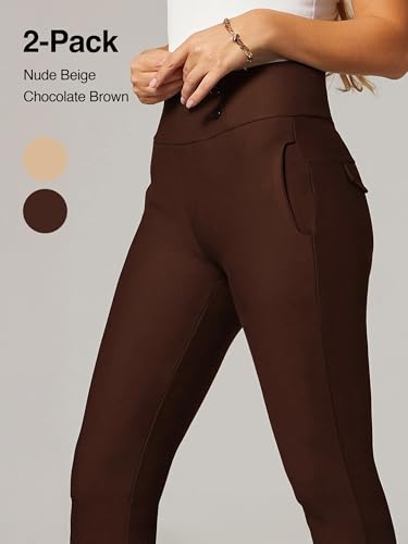 Conceited 2-Pack Stretch Slacks for Women - Wear to Work - Slim Leg Dress Pants with Pockets - Khaki, Brown - (Large)4