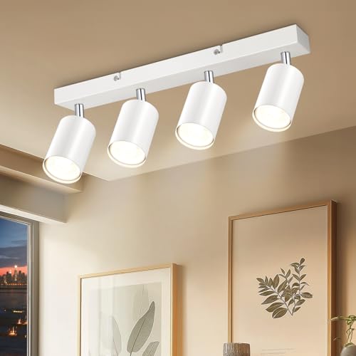 Dehobo Lampara Focos Techo con 4 Focos Giratorios, Lámpara de Pared Interior LED Blanco Ajustables GU10, Foco de Pared Aluminio para Iluminación para Dormitorio Pasillo Cocina, Sin Bombilla