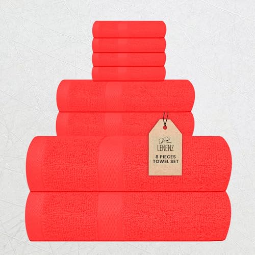 Lenenz Luxury 8 Piece Set 2 Bath Towels 2 Hand Towels 4 Washcloths 100% Cotton Towels for Bathroom Home Spa Hotel & Gym Ultra Soft Highly Absorbent Quick Dry (Red)