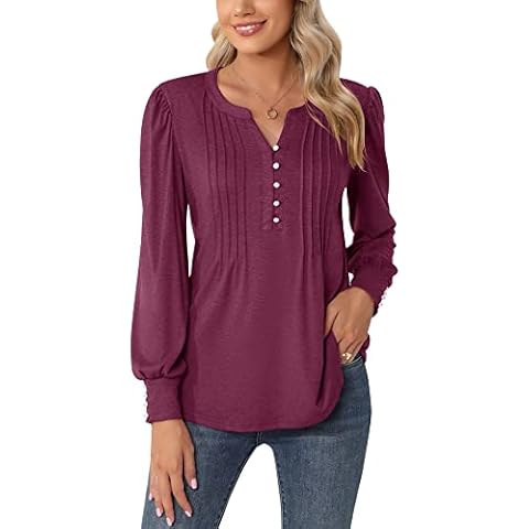 LUYAA Womens Casual Dressy Blouses Top Long Sleeve Loose Fit Soft Cotton Button Down Shirts Fuchsia Medium Cover