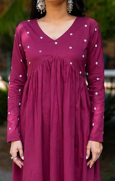 Image of Women's Long Kurta Set with Pant Polka Dots, Embroidered, V-Neck Empire Waist, Full Sleeves