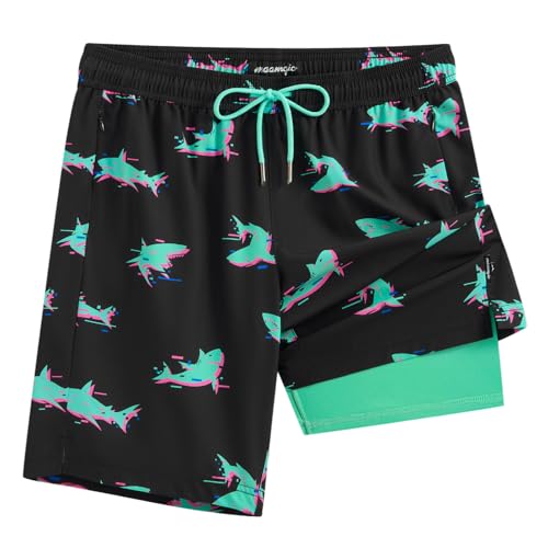 maamgic Mens Swim Trunks with Compression Liner 9 Inch Recycled Stretch Bathing Suit with Zipper Pockets Quick Dry Swim Short