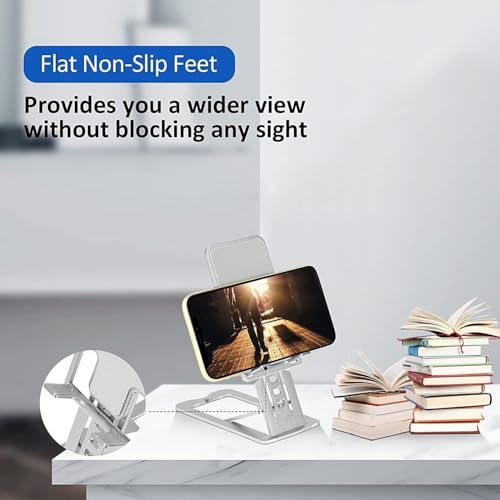 Image of Elfora Aluminum Ultra-Thin Alloy Mobile Phone Tabletop Stand | Multiple View Angles and Height Adjustments | Foldable Mobile Holder Compatible for iPhone, Android & Other Mobile Phones (Silver)
