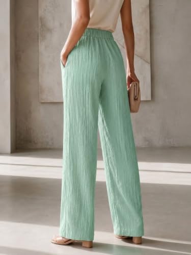 Image of Women's High Waist Wide Leg Trousers | Textured Crinkle Palazzo Pants | Elastic Waist Casual Formal Office Wear Trousers | Comfortable Lightweight Bottom Wear for Women